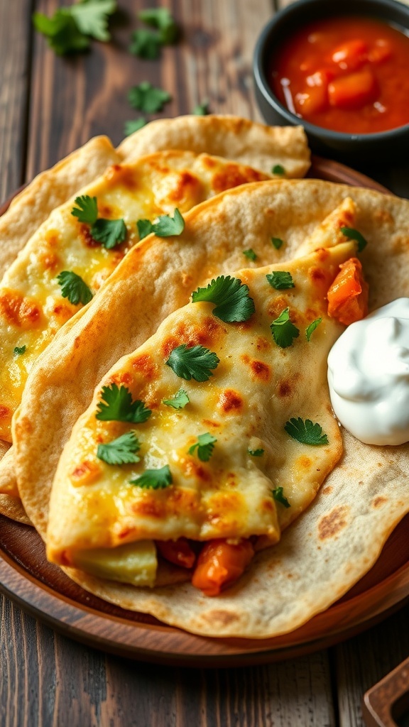 Oven-baked tortillas filled with cheese and vegetables, garnished with cilantro, served with salsa and sour cream.